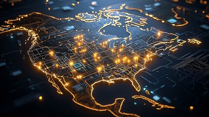 Visually stunning high tech map of North America showcasing a complex digital network with intricate patterns formed by golden light nodes