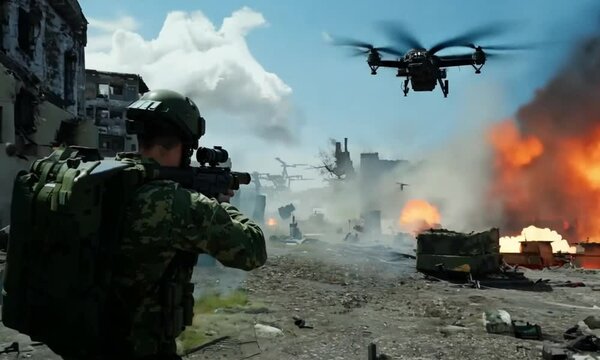 Back view of a soldier in full combat gear, aggressively firing a rifle, with reconnaissance drones against the background of intense fire and advancing enemy in urban combat. Urban combat scene.