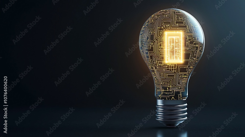 Poster Glowing high tech light bulb with warm golden digital circuit patterns inside set against a dark background symbolizing innovation creativity and modern design concepts
