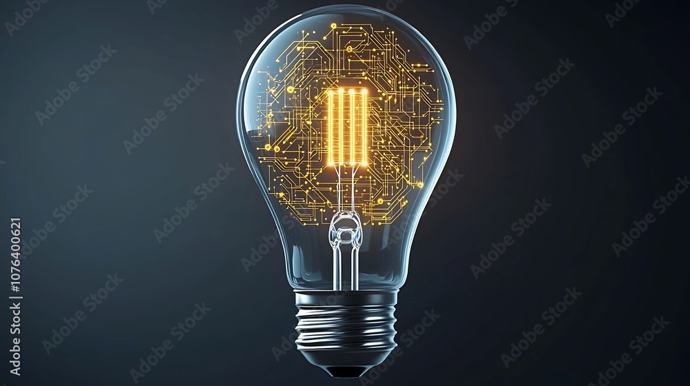 Poster Futuristic transparent light bulb with intricate golden circuit patterns inside symbolizing the digital connections and innovations of the modern technological era