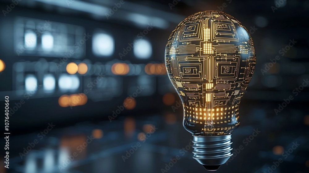 Poster Glowing High Tech Light Bulb with Captivating Digital Circuit Patterns Inside Symbolizing the Innovative Spirit and Transformative Power of Modern Design