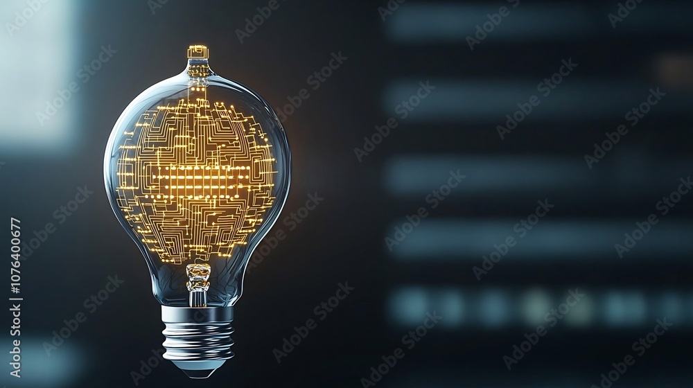 Poster Glowing high tech light bulb with golden digital circuit patterns inside set against a dark background symbolizing innovation creativity and the future of modern design