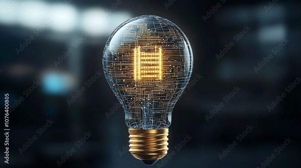 Fototapete conceptual light bulb filled with intricate golden circuit designs emitting a warm metallic glow aga