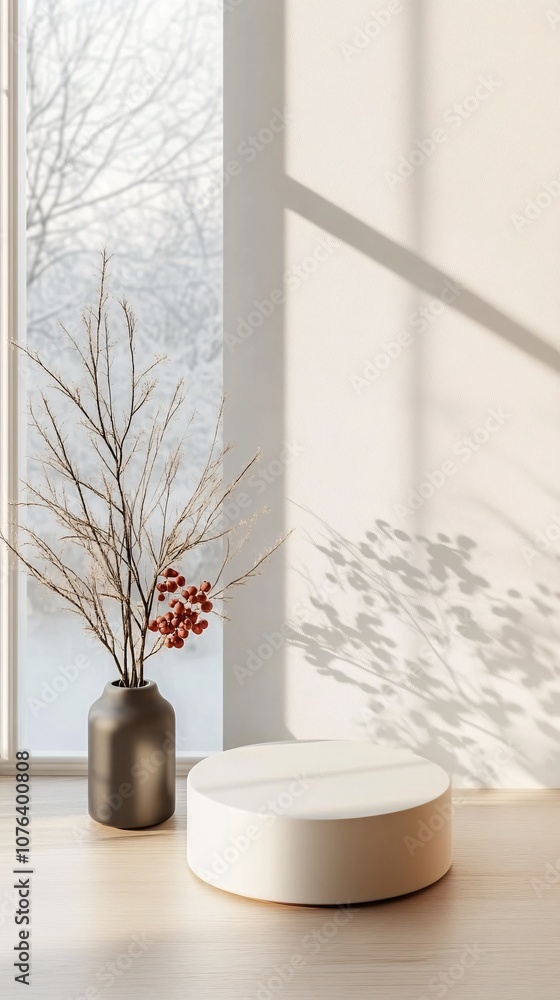 Poster empty podium displaying winter product with vase and branches by window