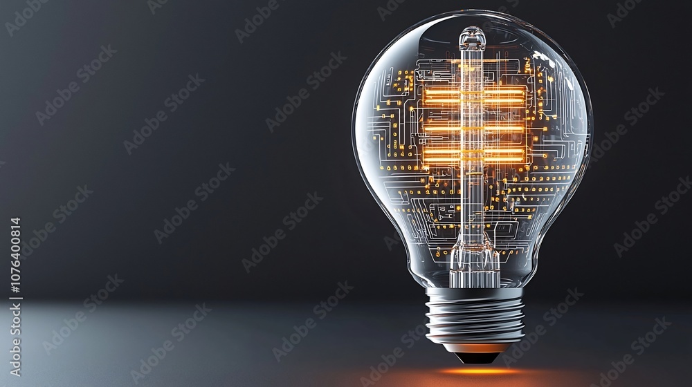Poster Transparent Futuristic Bulb with Internal Golden Circuit Lines Symbolizing Digital Innovation and Smart Design  Warm Lighting at the Bottom Contrasted Against Dark Background