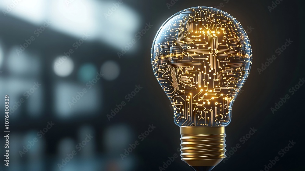 Poster Glowing conceptual light bulb filled with intricate golden circuit designs warm metallic base glow against a dark background