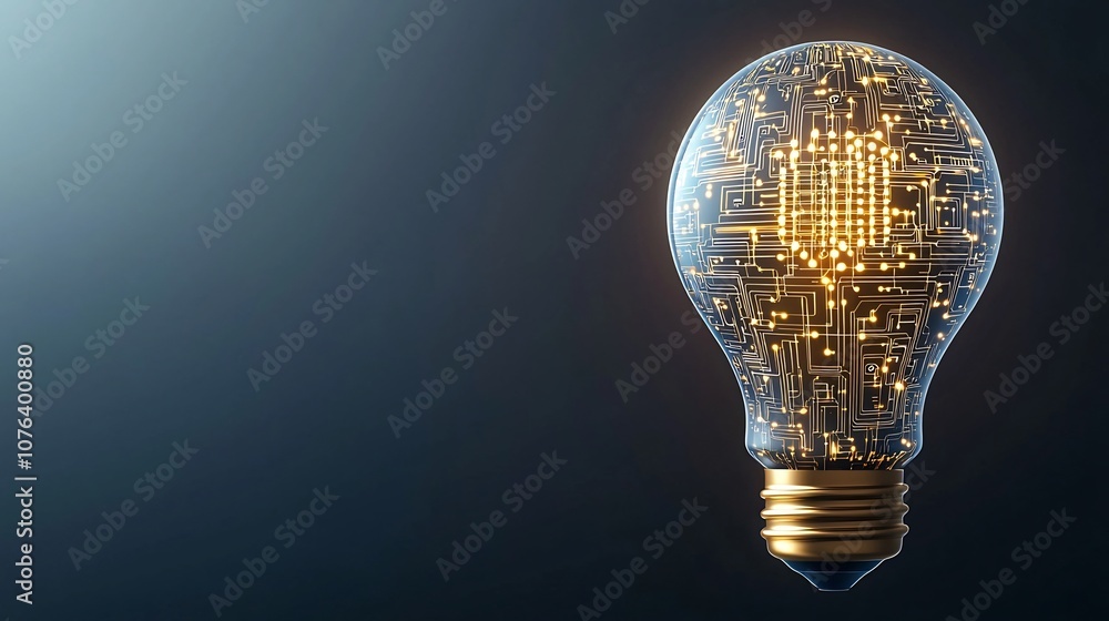 Poster conceptual lightbulb filled with intricate golden circuit designs and a warm metallic base glow agai