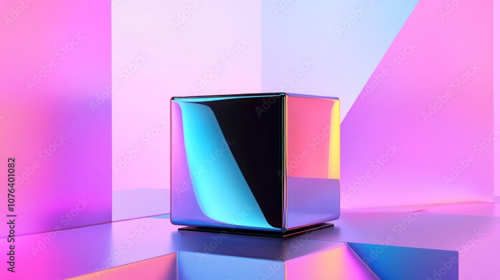 Poster a reflective cube on a gradient surface with neon lighting