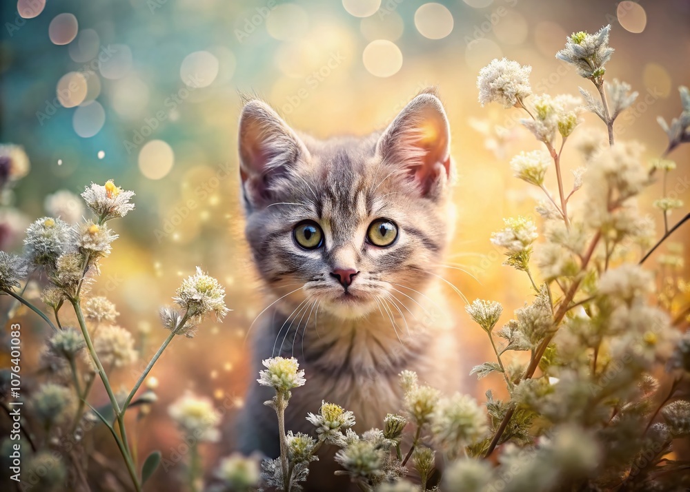 Poster Captivating Double Exposure of Little Grey Kitten Gazing at the Camera with Enchanting Nature Background Blending Softly to Create a Dreamlike Visual Experience