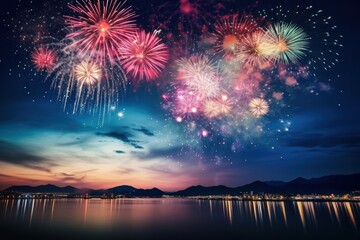 Colorful fireworks night landscape outdoors.
