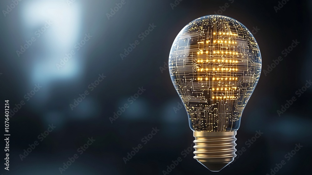 Aufkleber Conceptual light bulb filled with intricate golden circuit designs warm metallic base glow against a dark background