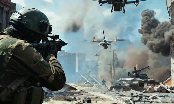 Rear view of a soldier in full combat gear firing an assault rifle with reconnaissance drones against the backdrop of intense fire and explosions in an urban battle. Urban battle scene.