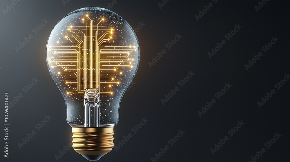 Poster futuristic transparent light bulb with intricate golden circuit designs glowing warmly against a dar