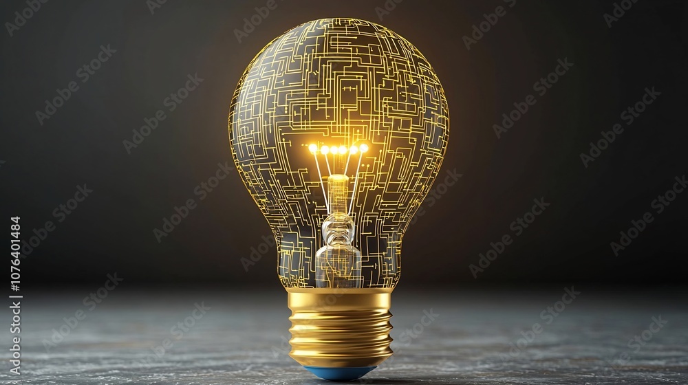 Poster Illuminated metallic light bulb with complex circuit like patterns in a warm golden hue symbolizing the interconnectedness and creative potential of digital technology