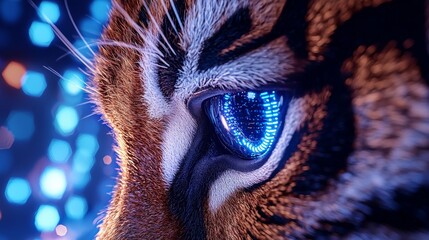 A close-up of a tiger's eye, featuring vibrant blue digital elements against a dark, sparkling background, creating a striking and modern aesthetic.