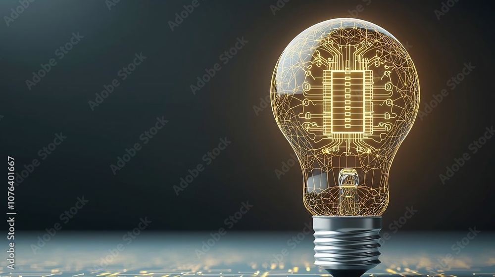 Poster Technologically Advanced Light Bulb with Intricate Digital Connections and Warm Metallic Glow   A Futuristic Highlighting Innovation and Progress in the Digital Age