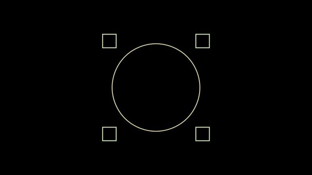An animation showing four squares arranged in a grid pattern simultaneously morphing and merging together, transforming into one unified circle through fluid motion.