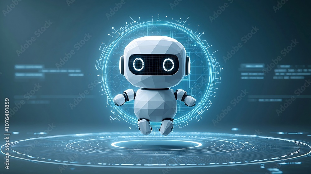 Aufkleber Innovative Low Polygon 3D Robot Assistant Hovering Above a Neon Blue Portal with a Tech Inspired Wireframe Background