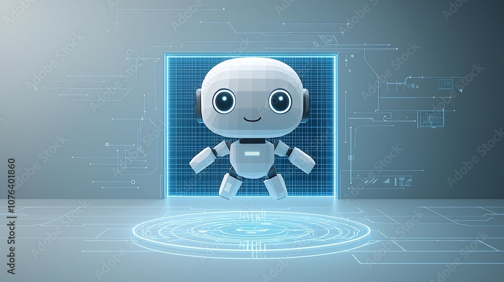 Poster Cute Low Poly 3D Robot Assistant Hovering Above Neon Blue Portal with Futuristic Tech Wireframe Background Symbolizing Technology Innovation and Digital Transformation