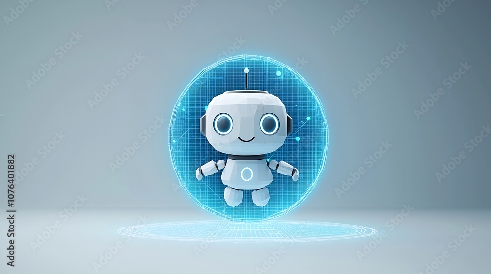 Poster Low Poly 3D Robot Assistant Hovering Above Neon Blue Portal with Wireframe Tech Inspired Background Symbolizing Technology Innovation and Futuristic Digital Concepts