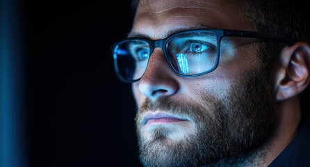 Focused businessman working on computer with blue screen reflection