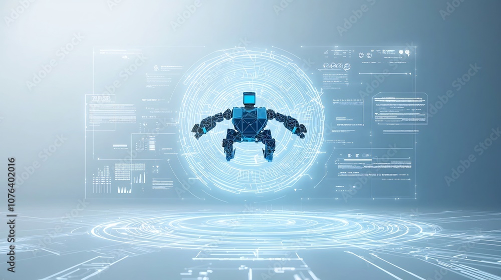 Poster Futuristic digital robot with a low poly blue body floating above a light blue neon portal with a tech background of wireframe lines creating a sense of innovation and advancement