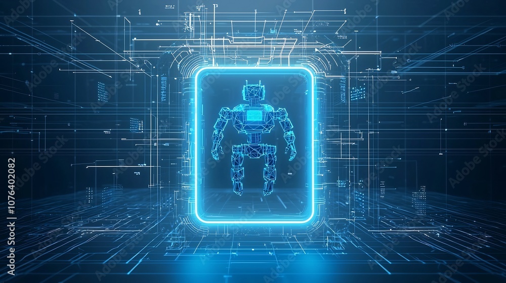 Poster Futuristic 3D abstract digital robot with a low poly blue structure floating above a bright blue neon portal surrounded by a tech inspired wireframe background
