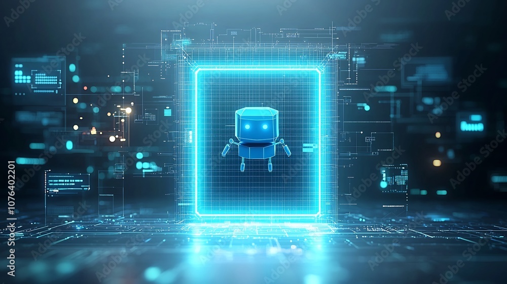 Poster blue polygonal bot floating above glowing neon portal with abstract digital elements in a futuristic