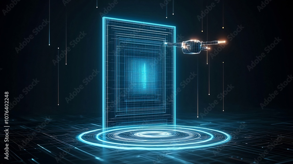 Fototapete Futuristic 3D abstract polygonal robot assistant hovering over a neon blue portal set against a low poly wireframe tech background representing the progress and innovation of digital and technology