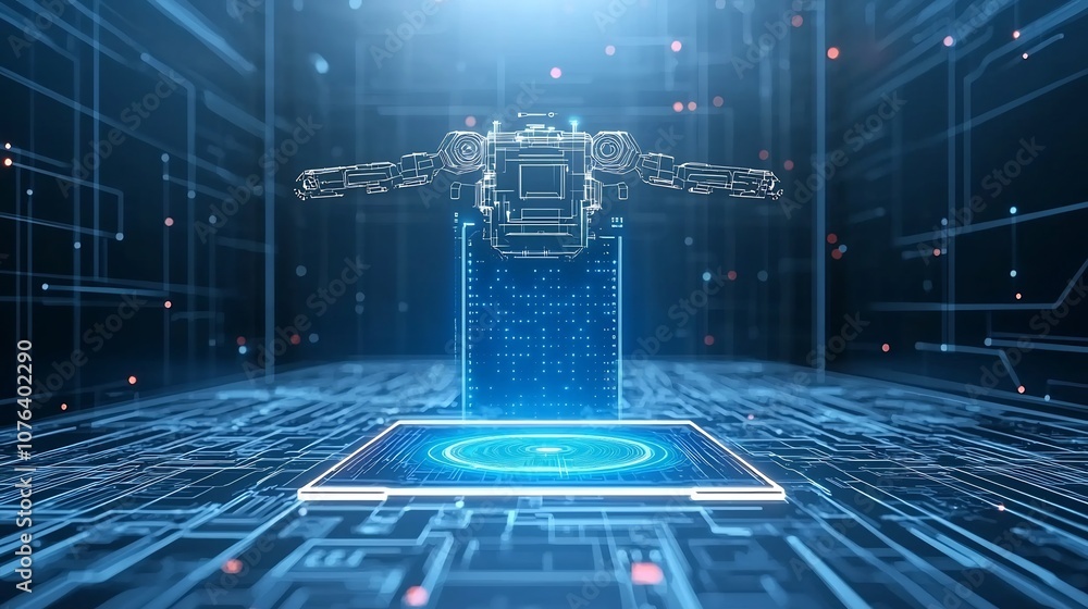 Aufkleber futuristic 3d polygonal robot assistant hovering over neon blue portal set against a low poly wirefr