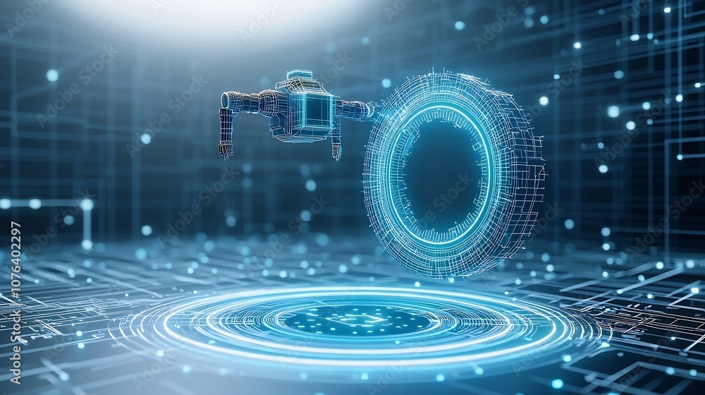 Poster Captivating 3D of a polygonal robot assistant hovering over a glowing blue portal set against a low poly wireframe tech background