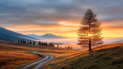 Obraz premium The vibrant sunset casts a warm orange and pink glow over the rolling hills and pine trees, creating a stunning and picturesque landscape that is both peaceful and awe inspiring.