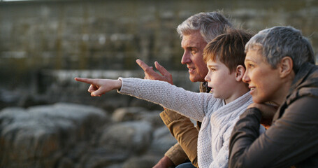 Grandparents, grandchild and pointing on beach, outdoor and seashore for bonding together. Senior...