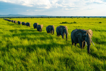 Savannah Landscape with Herd of Elephants Grazing, African Wildlife at Golden Hour