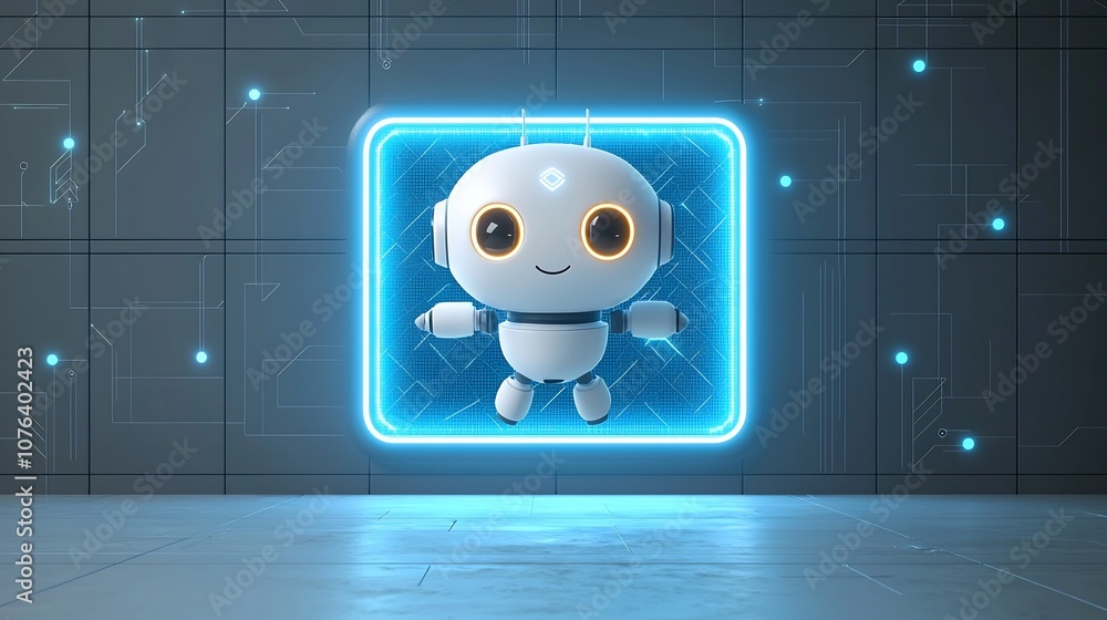 Poster cute and futuristic polygonal 3d robot assistant hovering over a glowing blue neon portal with a low