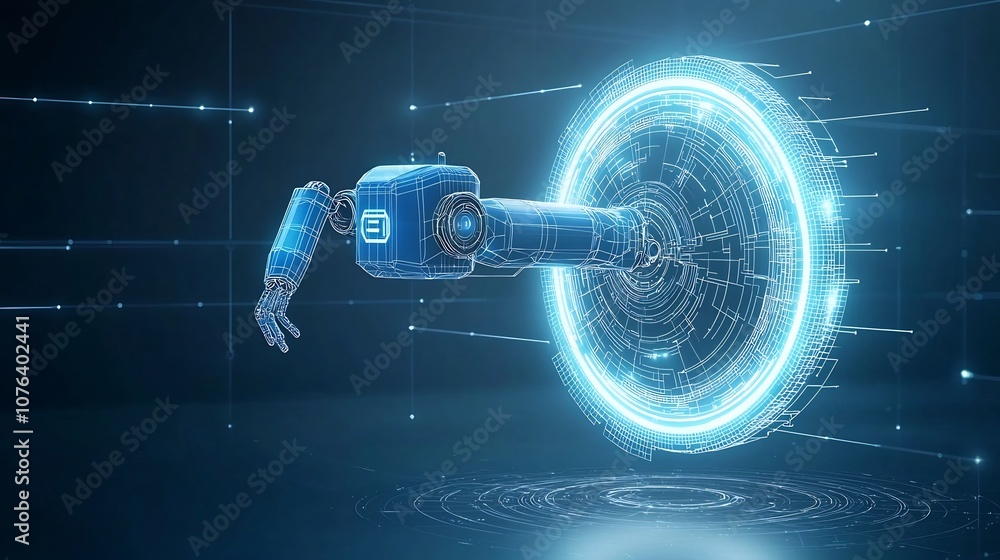 Fototapete Futuristic robot assistant hovering over a glowing neon light portal with a wireframe and digital tech background representing innovation and advancements in intelligence and technology