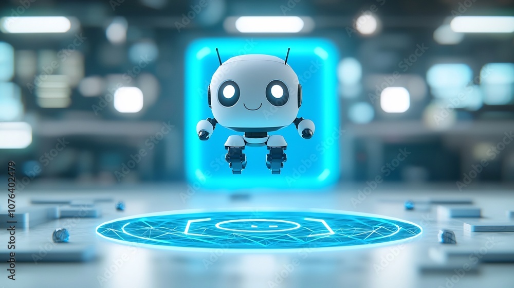 Leinwandbilder Futuristic 3D Polygonal Robot Assistant Hovering Over Glowing Blue Neon Portal with Abstract Digital Tech Background  Cute and Innovative Sci Fi Intelligence Scene