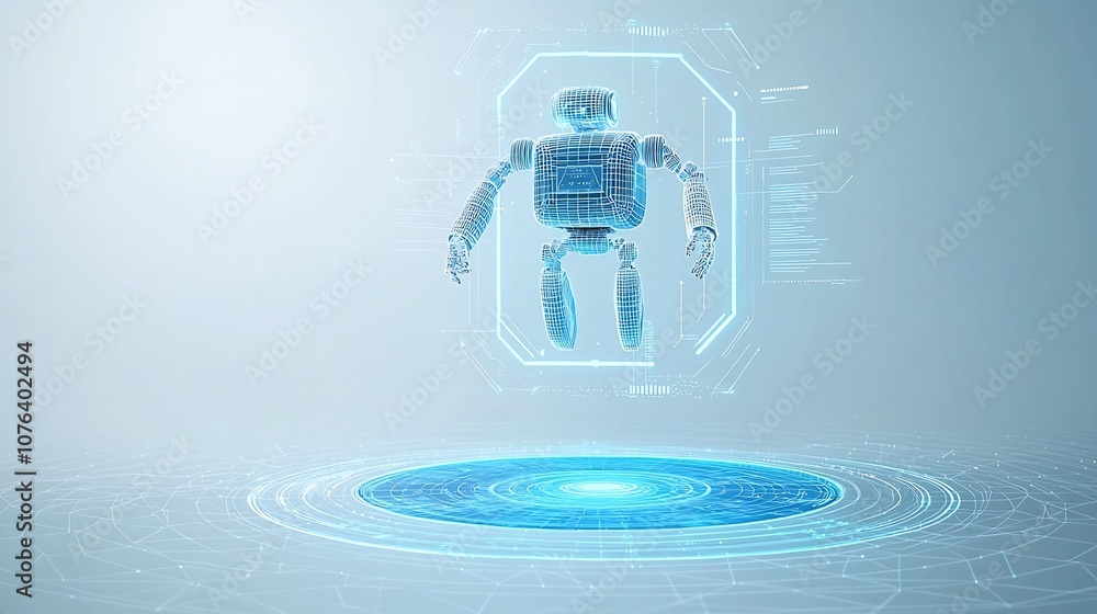 Poster Abstract low poly digital robot floating above a light blue neon portal surrounded by a futuristic wireframe tech background in a modern cyberpunk inspired style