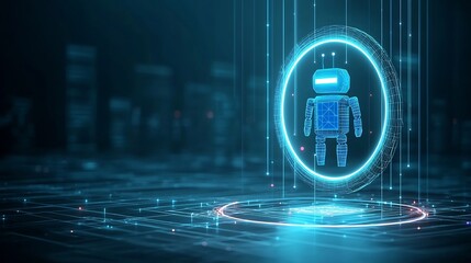 Floating low poly blue robot assistant over a neon light portal futuristic digital tech background with wireframe vectors representing innovation and technology