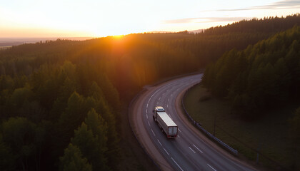 Aerial shot of a truck traveling on a winding road through a forested area during sunset, showcasing transportation and nature.
