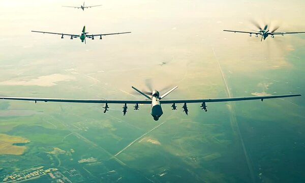Military drones flying over a desert landscape for reconnaissance and combat missions.	