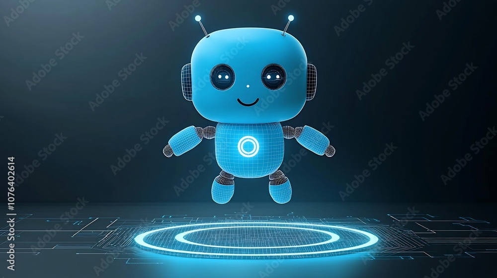 Poster Cute 3D Blue Robot with Low Poly Design Floating Above Neon Portal Surrounded by Tech Background with Wireframe Vectors for an Innovative Digital Theme