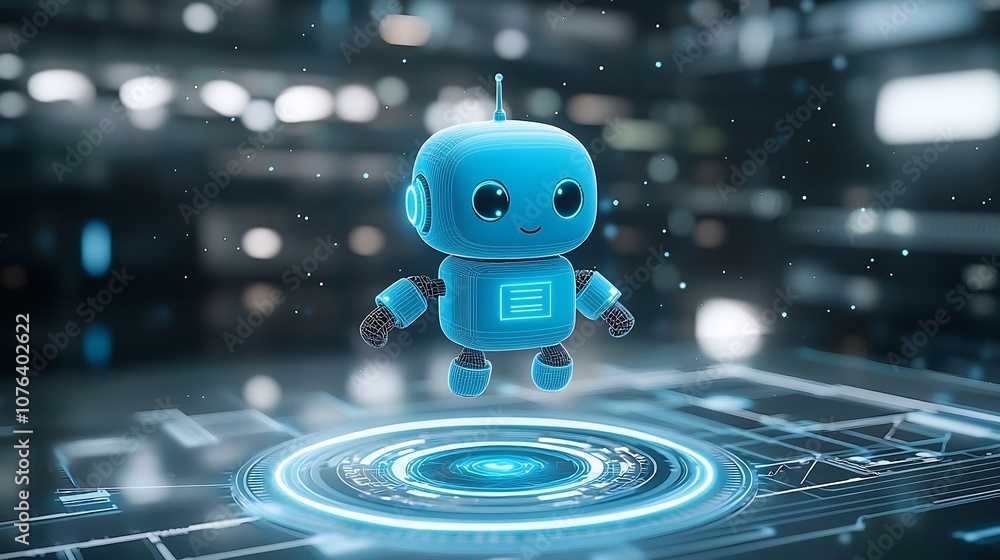 Poster Adorable Blue Robot Floating Above Neon Portal with Futuristic Tech Wireframe Background  3D low poly cute intelligence character design with innovative digital technology theme