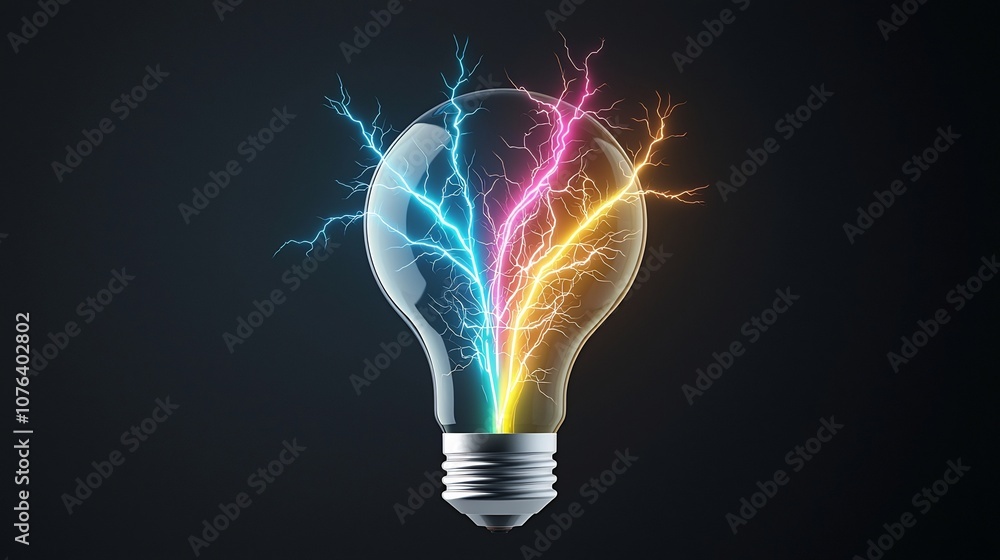 Poster Futuristic light bulb with intricate electric spark details and branching lightning in vivid colors isolated on a transparent background radiating powerful energy and technology