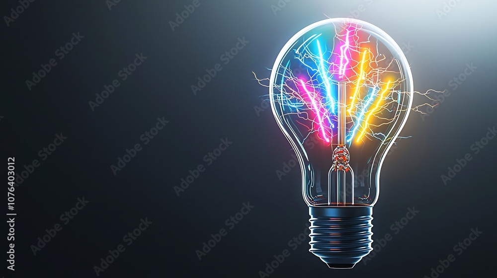 Poster Vibrant multi colored glowing light bulb with dynamic electric lightning and striking spark effects isolated on a transparent background with futuristic energy