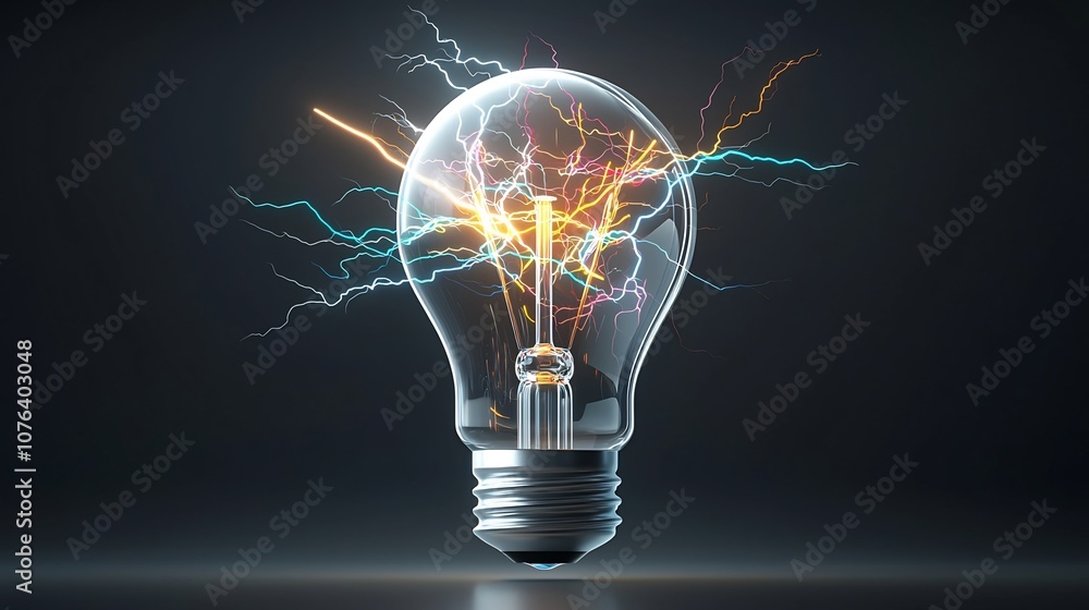 Poster futuristic light bulb with intense electric sparks and colorful branching lightning bolts on a trans