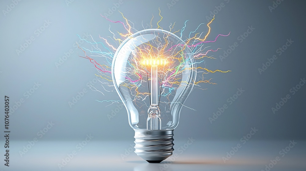 Poster futuristic glowing light bulb surrounded by intense electric sparks and colorful branching lightning
