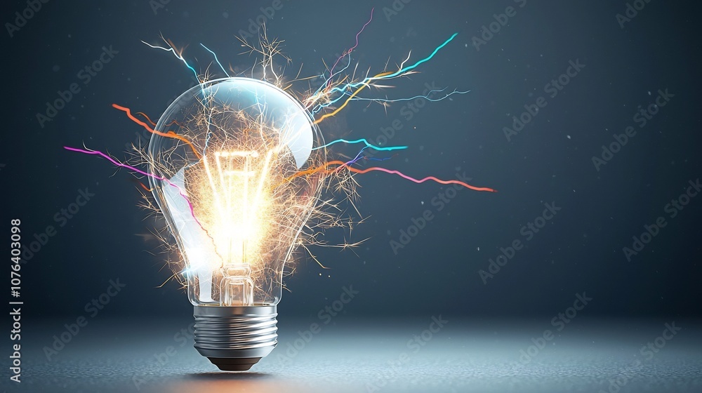 Poster futuristic light bulb with intense electric sparks and colorful branching lightning bolts on a trans