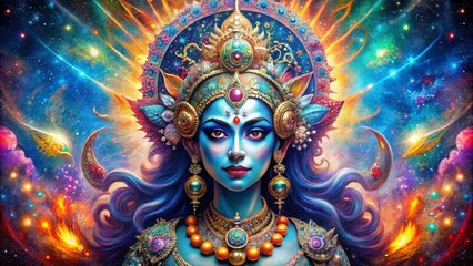 Captivating Double Exposure Photography of Hindu Goddess Kali Merging with Cosmic Elements and Spiritual Symbols for Enigmatic Visual Representation