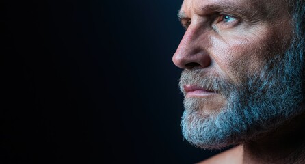 Close-up portrait of a rugged, bearded man with piercing blue eyes